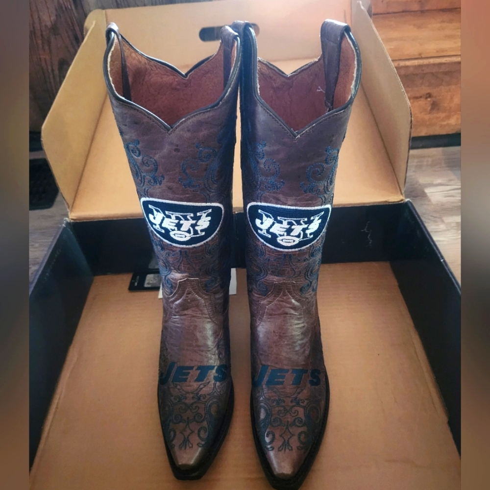 Women's 6.5 Officially Licensed NY Jets Handcrafted Leather Cowgirl Boots